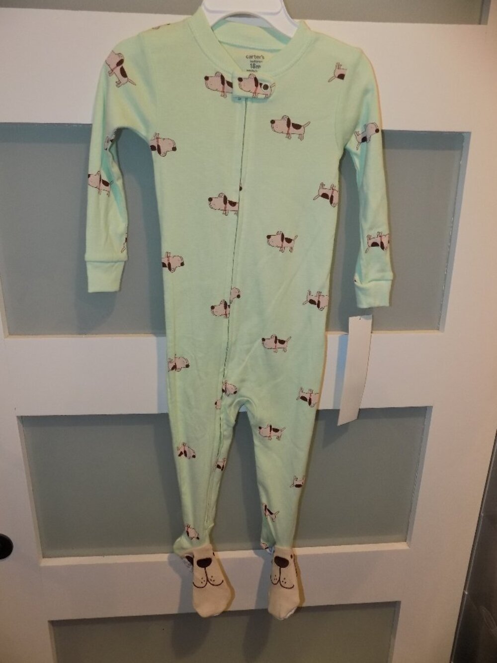 Carter's Pastel Green W/ Dog Print 2-Way Zip LS Dog Face Footed Sleeper Size 18M